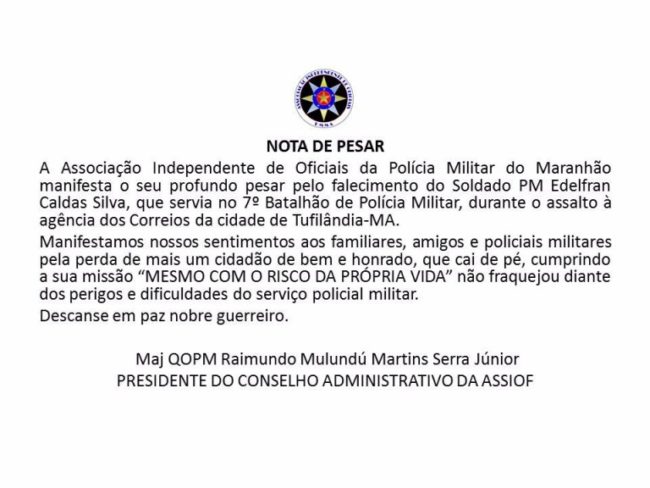 Nota de pesar pela morte de policial militar