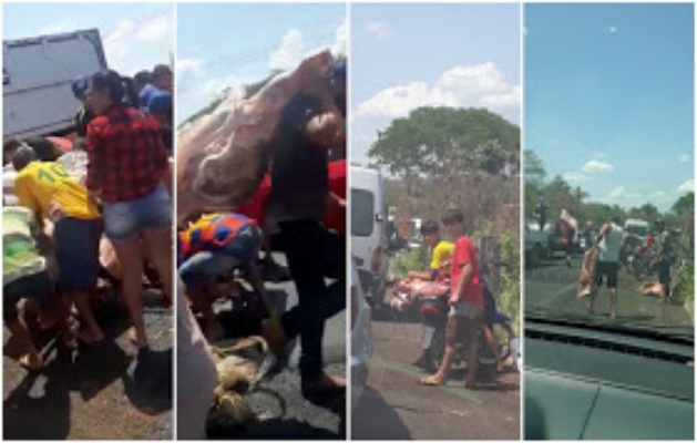 Povo chama políticos de ladrões,mas não faz sua parte; Caminhão carregado de carne tomba e populares saqueiam a carga no Maranhão